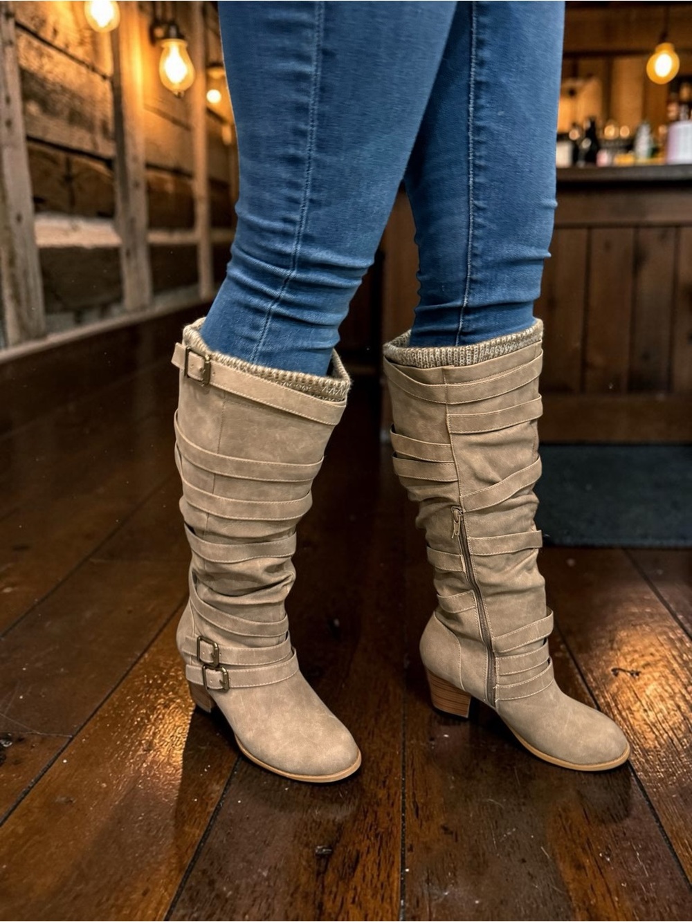 JustFab Taupe Slouch Buckled Knee-High Boots NWOT